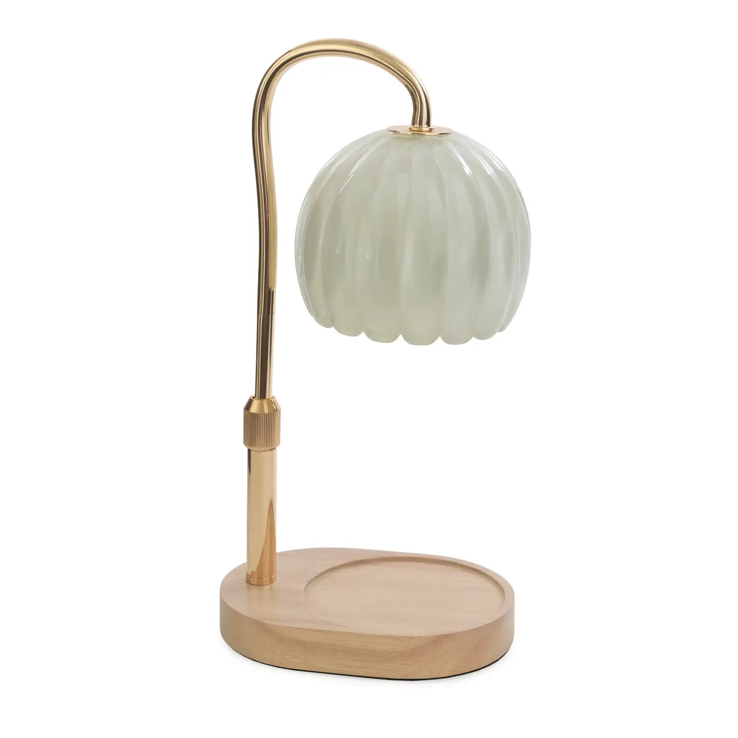 Adjustable Milk Glass Candle Warmer Lamp with fluted glass shade, gold-finish stem, and natural wood base.