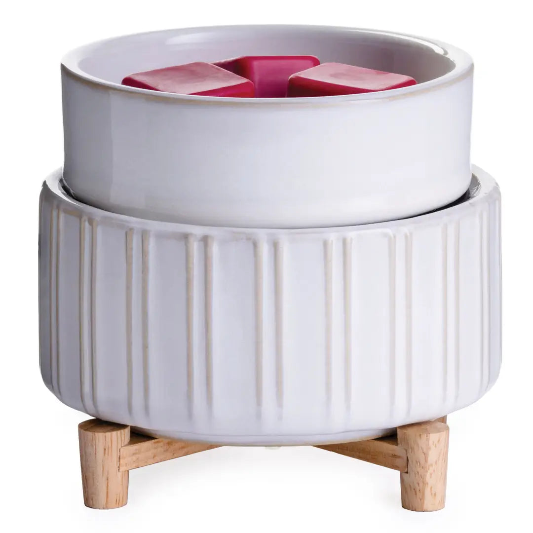 Ceramic & Wood 2-in-1 Candle & Wax Melt Warmer with white fluted ceramic body, removable warming dish, and natural wood feet.