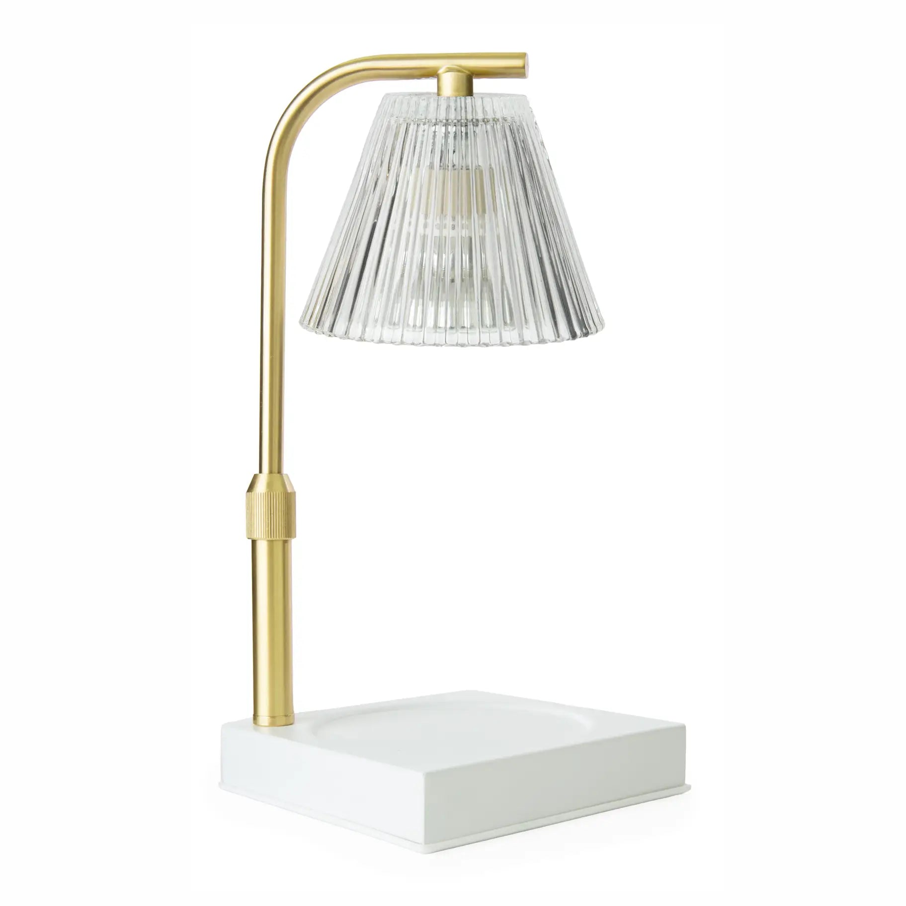 Gold Luna Adjustable Candle Warmer Lamp with fluted clear glass shade, gold-finish adjustable stem, and white base.